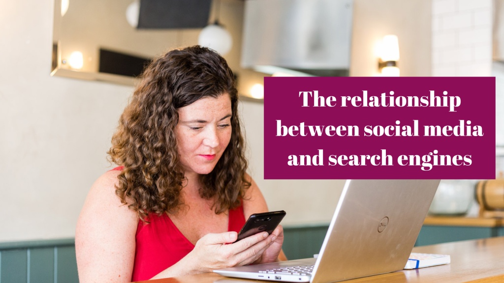A banner with melanie johnson staring at her phone and laptop with the caption. The relationship between search engines and social media 